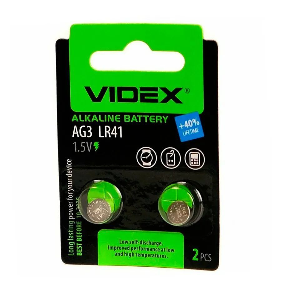 Videx Батарейка LR41 (LR736, AG3, G3), Li-ion тип, 1,5 В, 2 шт #1