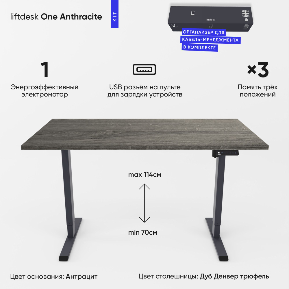 Компьютерный стол с регулировкой высоты для работы стоя сидя одномоторный liftdesk One Антрацит/Дуб Денвер #1