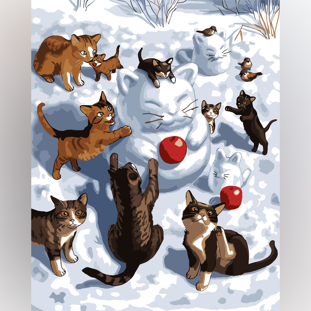 Картина по номерам "Котики лепят снеговика" на холсте на подрамнике 40x50 см. Кот / Зима / Аниме  #1