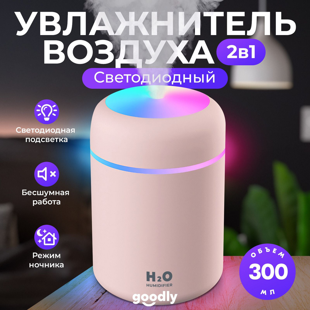 Увлажнитель воздуха Goodly Humidifier H2O, портативный с LED подсветкой, 300 мл, розовый  #1