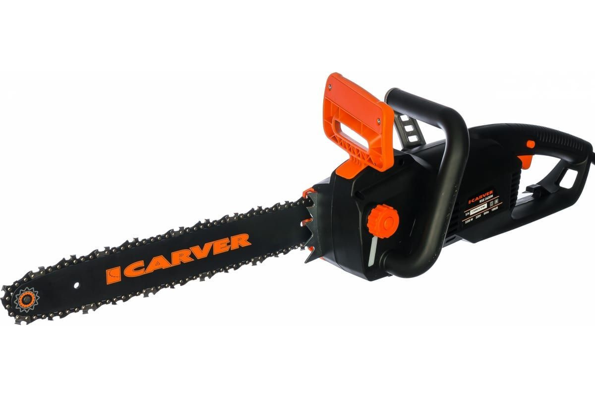 Электрическая цепная пила CARVER RSE-2400М 01.014.00006 - двигатель мощностью 2200 Вт защищен от перегрузок, что повышает его срок службы. Смазка цепи осуществляется автоматически. Пильная цепь в случае отскока или нажатия на передний щиток останавливается за 0.12 секунды, что гарантирует безопасную работу.