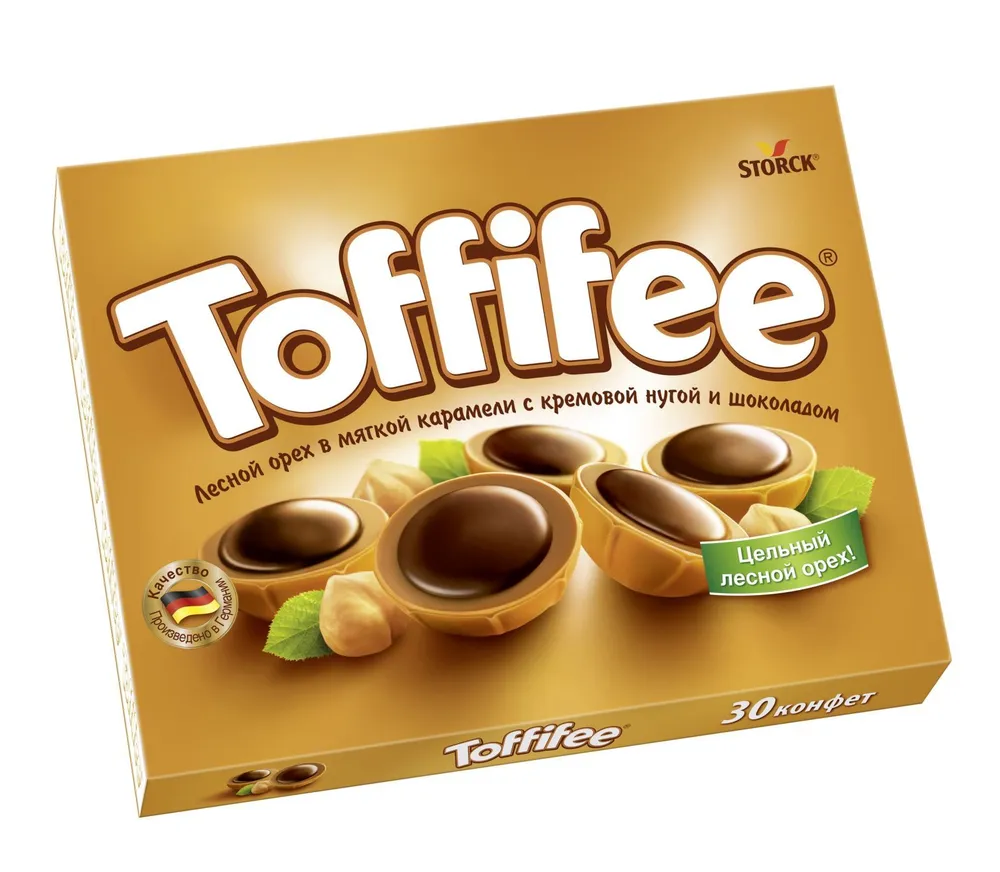 Toffifee, конфеты с лесным орехом в карамельной чашечке, с кремовой нугой и шоколадом, набор в коробке, 250г / Тоффифи