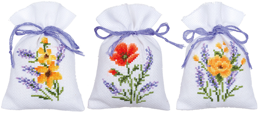 PN-0165143 Набор для вышивания крестом (мешочки) Vervaco Flowers and lavender, 3 по 8х12, аида 18,  #1