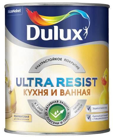 Моющаяся краска для стен и потолков Dulux Ultra Resist Кухня и Ванная полуматовая база BW 1 л  #1