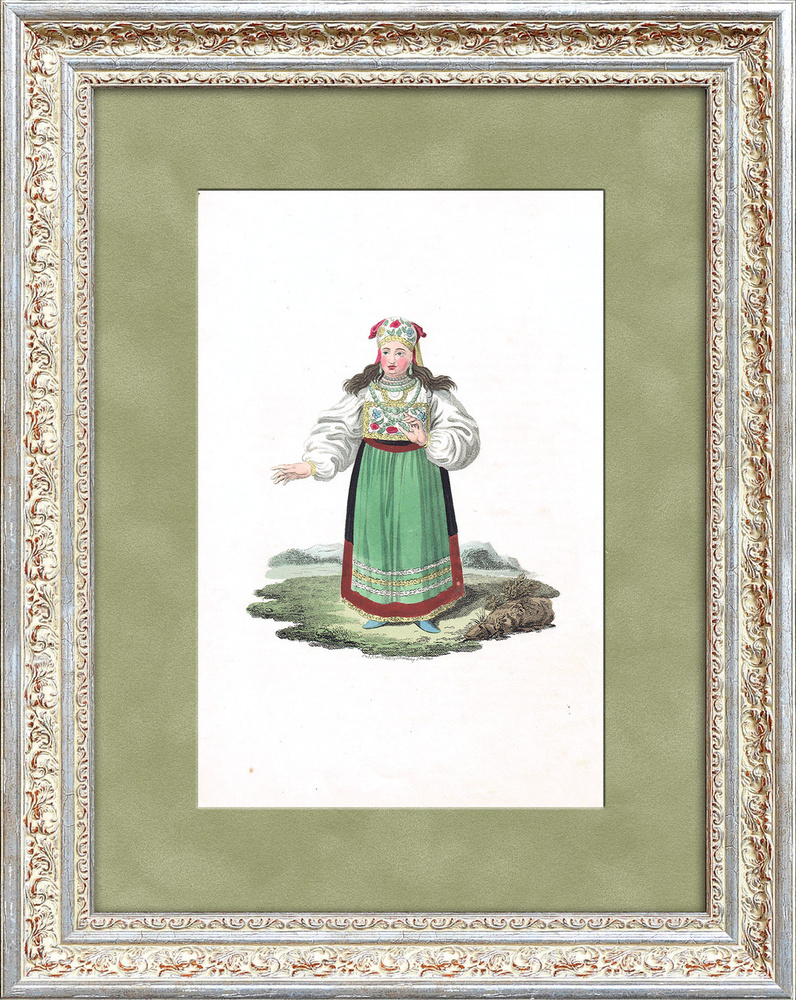 Эстонский национальный женский костюм, гравюра с ручной раскраской, 1811-16 гг.  #1
