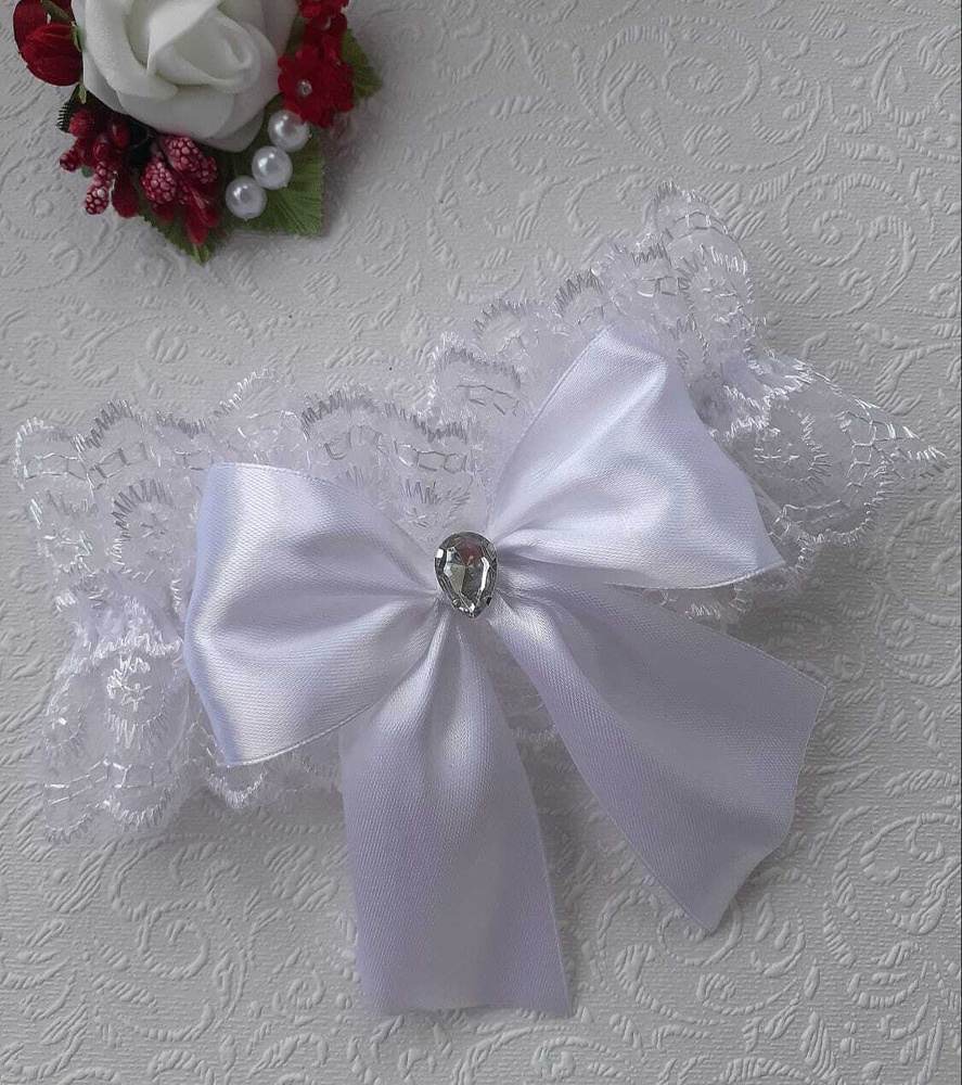 Свадебная кружевная подвязка с бантиком "Люкс" в белом цвете/подвязка невесты  #1