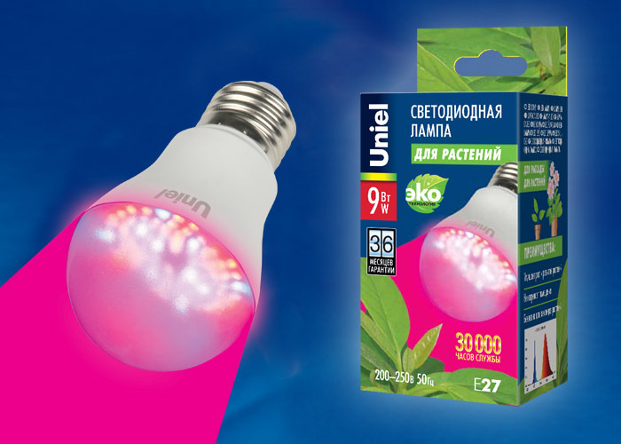 Светодиодная фито-лампа для растений Uniel LED-A60-9W/SP/E27/CL #1