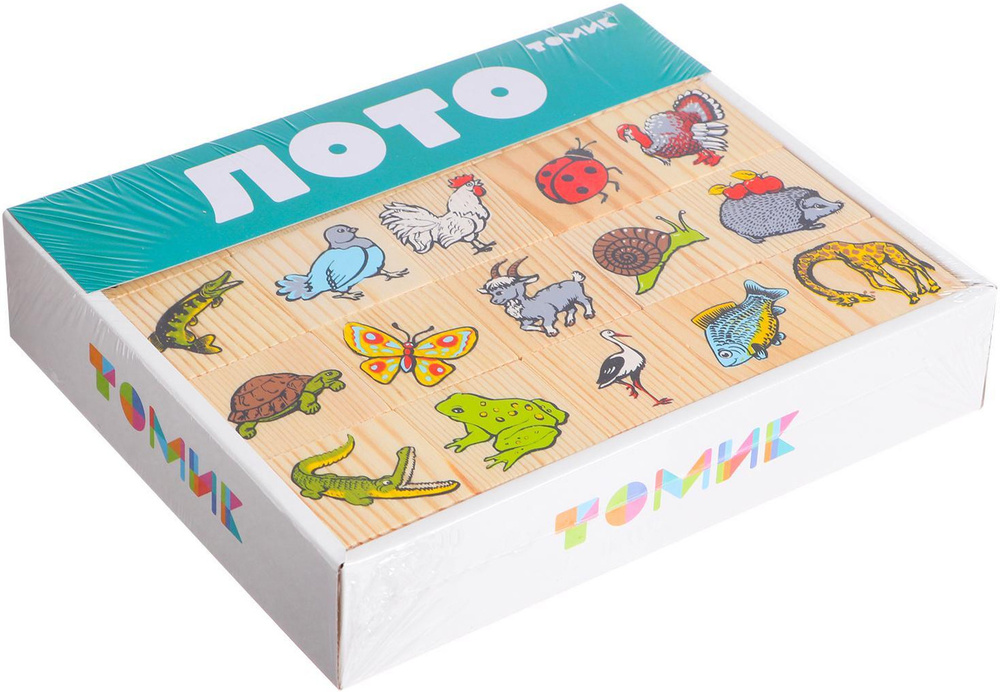 Деревянное лото Томик "Животный мир", развивающая настольная игра для малышей, 6 карточек + 48 фишек #1