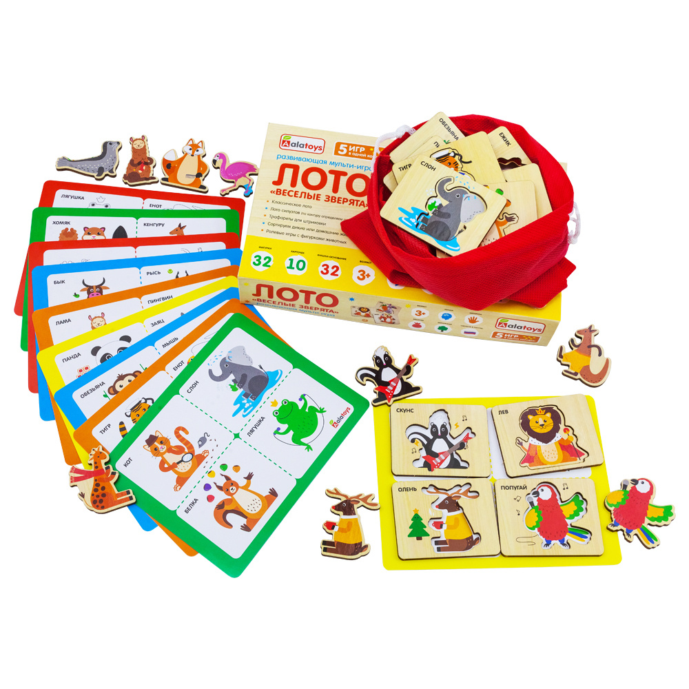 Лото "Веселые зверята" Деревянная развивающая игрушка 32 фигурки, 10 карточек  #1