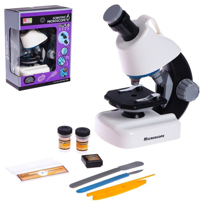 Микроскоп детский "Юный ученый" кратность х100, х400, х1200, подсветка, цвет белый  #1