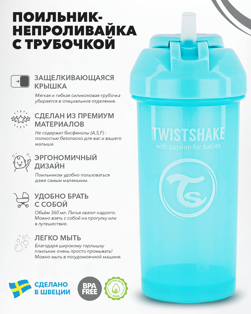 Детский поильник-непроливайка с трубочкой Twistshake Straw Cup, 360 мл, от 6 мес. Пастельный синий  #1