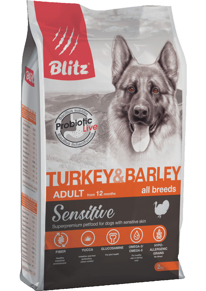 Корм сухой BLITZ Sensitive Turkey & Barley 2 кг для взрослых собак всех пород (индейка и ячмень)  #1