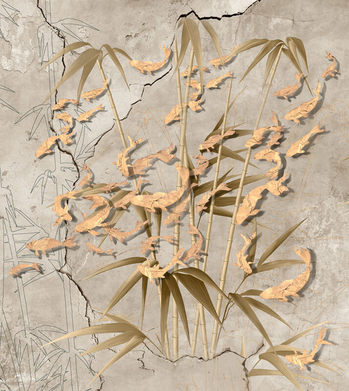 Фотообои флизелиновые на стену 3д GrandPik 17149 "Золотые рыбки в бамбуке", (ШхВ) 250х280 см  #1