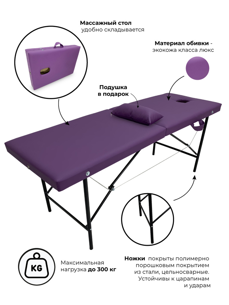 Массажный стол, кушетка косметолога, с вырезом для лица, 180х60 Фиолетовая  #1