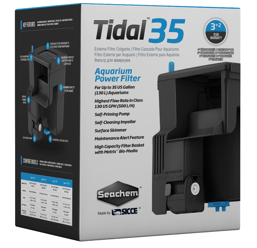 Seachem Tidal 35 - Фильтр рюкзачный для аквариума с пресной и морской водой до 130л, 500 л/ч, мощность #1