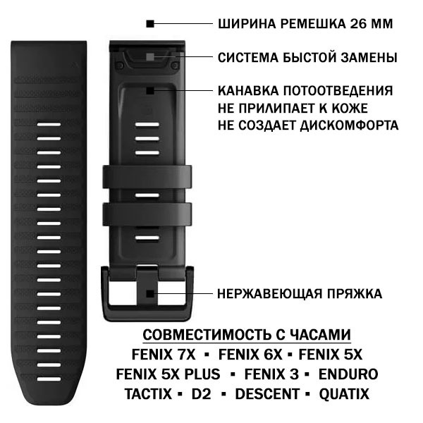 Ремешок силиконовый 26 мм (циферблат 51мм) для Garmin Fenix, Epix Pro, Tactix, Instinct 2X, D2 быстросъемный #1