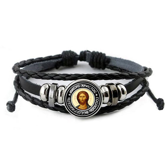 Иисус Христос Православный Христианский кожаный браслет ручной работы / Оберег & Амулет / диаметр изображения #1