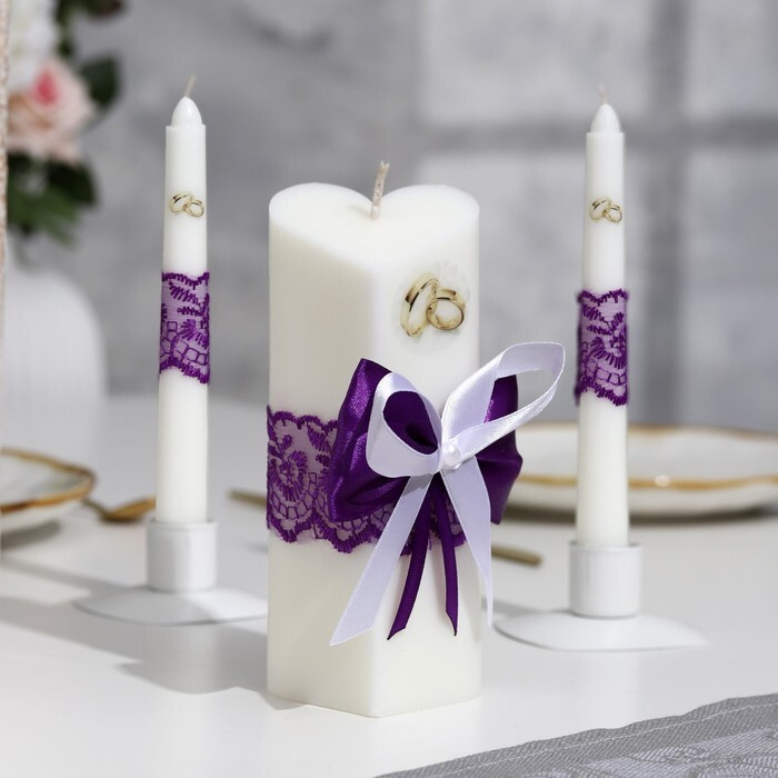 Свечи свадебные "Кружевной с бантиком" фиолетовый: домашний очаг 6,8х15см, родительские 1,8х17,5см  #1