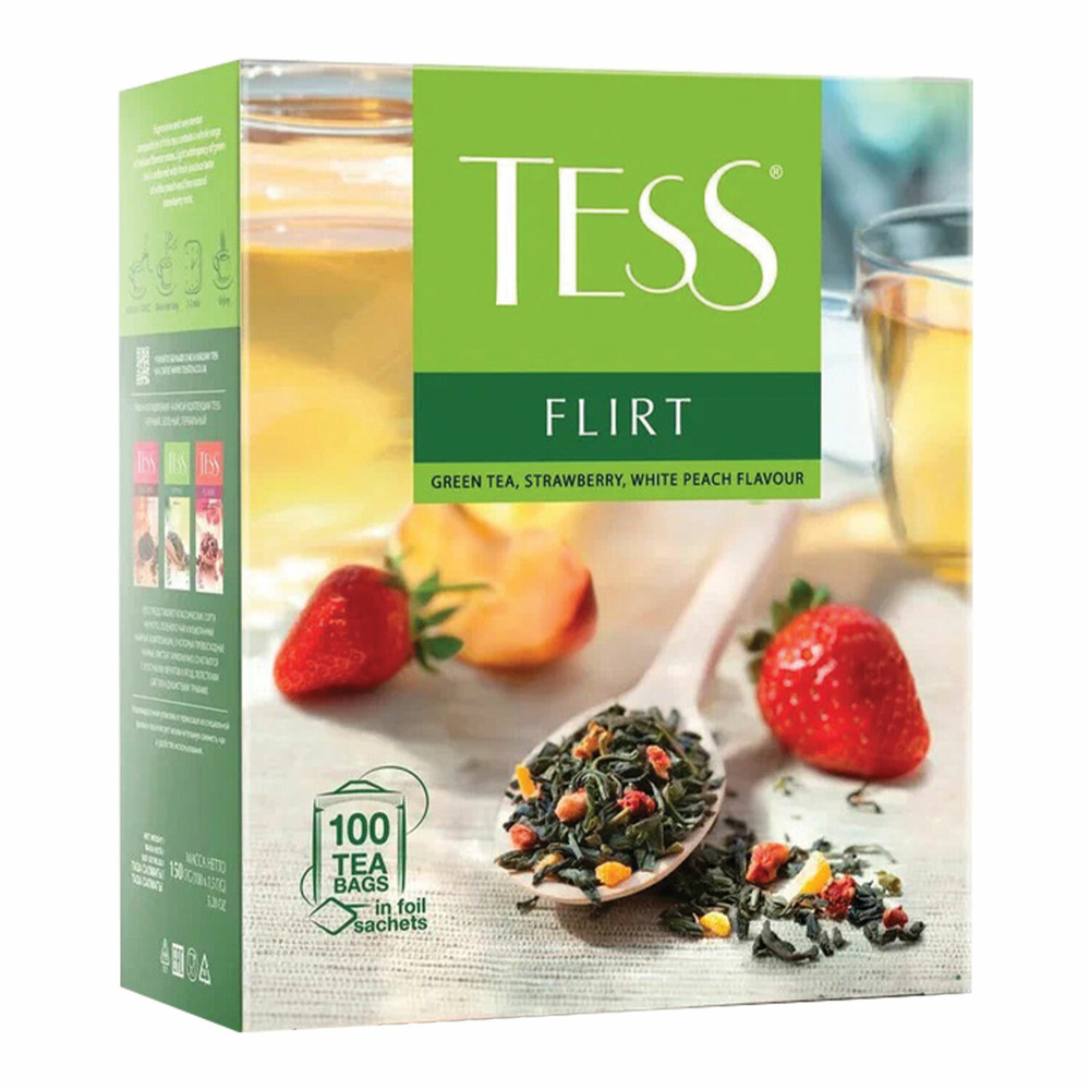 Чай TESS (Тесс) "Flirt", зеленый с клубникой и персиком, 100 пакетиков по 1,5 г, 1476-09, 1ед. в комплекте #1