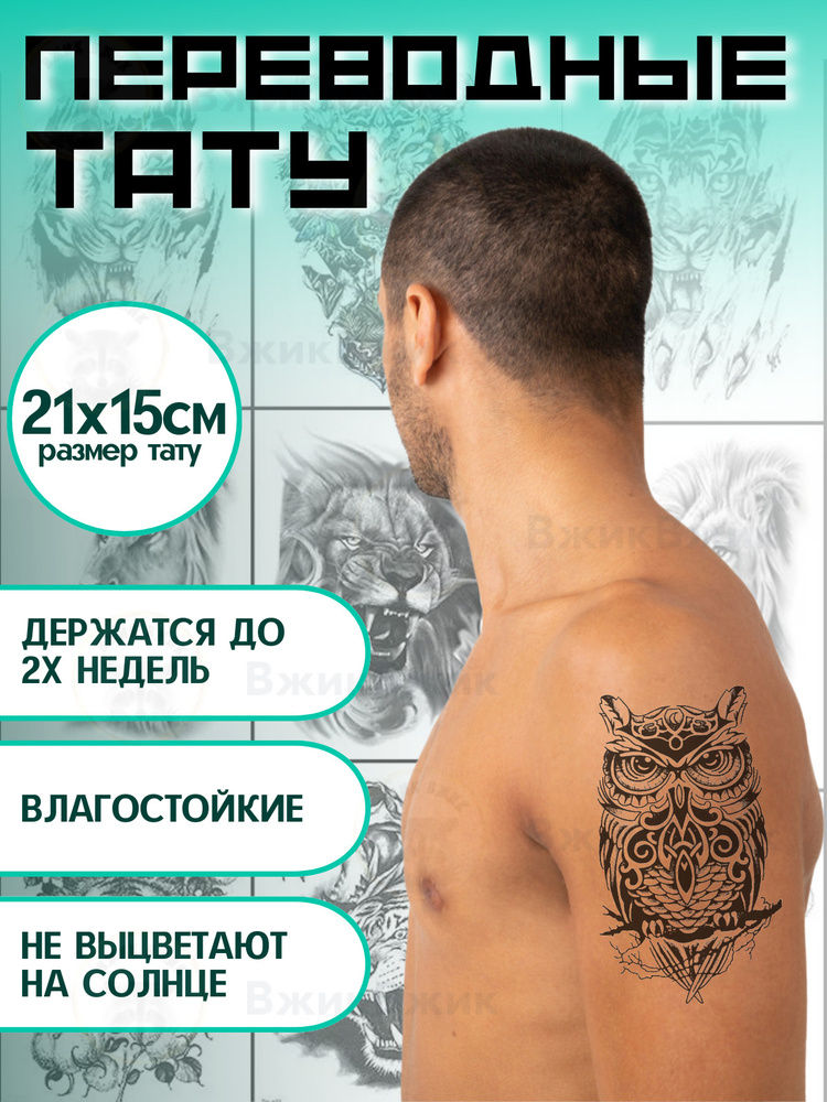 Переводные татуировки временные "Сова 507" 21х15 см #1