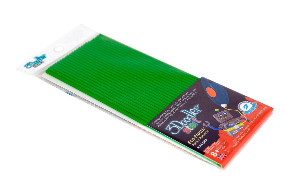 Пластик для 3D ручки 3Doodler эко-пластик, зеленый, 24 стержня (3DS-ECO07-GREEN-24)  #1