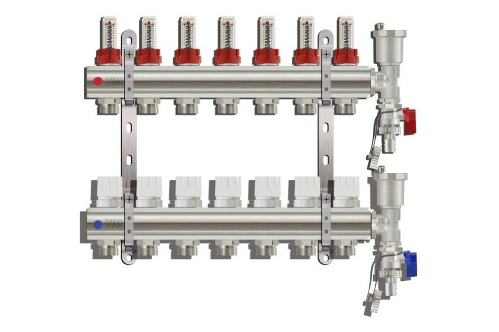 Коллекторная группа для теплого пола с расходомерами 1" X 7 выходов / входов / гребенка, латунный корпус #1