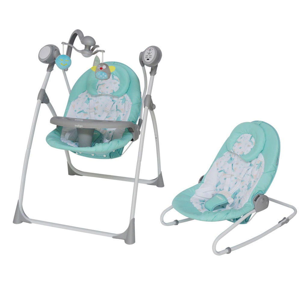 Электрокачели шезлонг 2 в 1 Indigo MISTY для новорожденных, со столиком и музыкальным мобилем, мятный #1