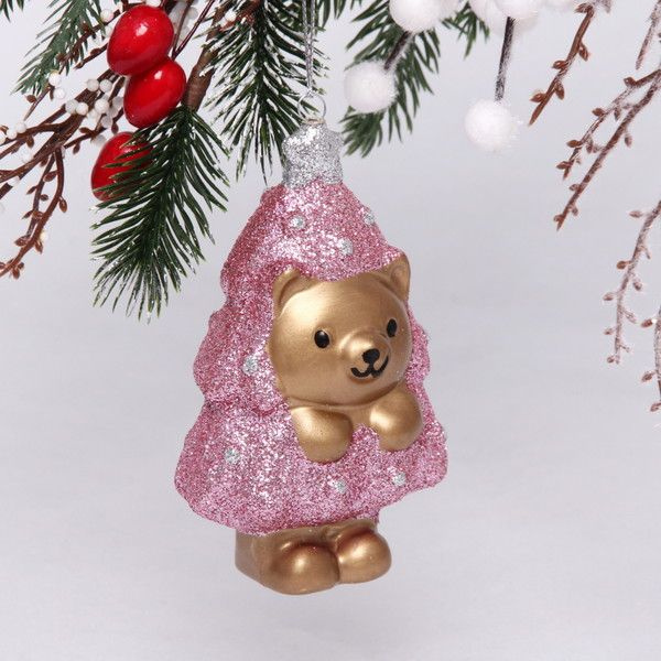 Ёлочная игрушка "Медвежонок-ёлочка" 7,5х5х12 см, розовый #1