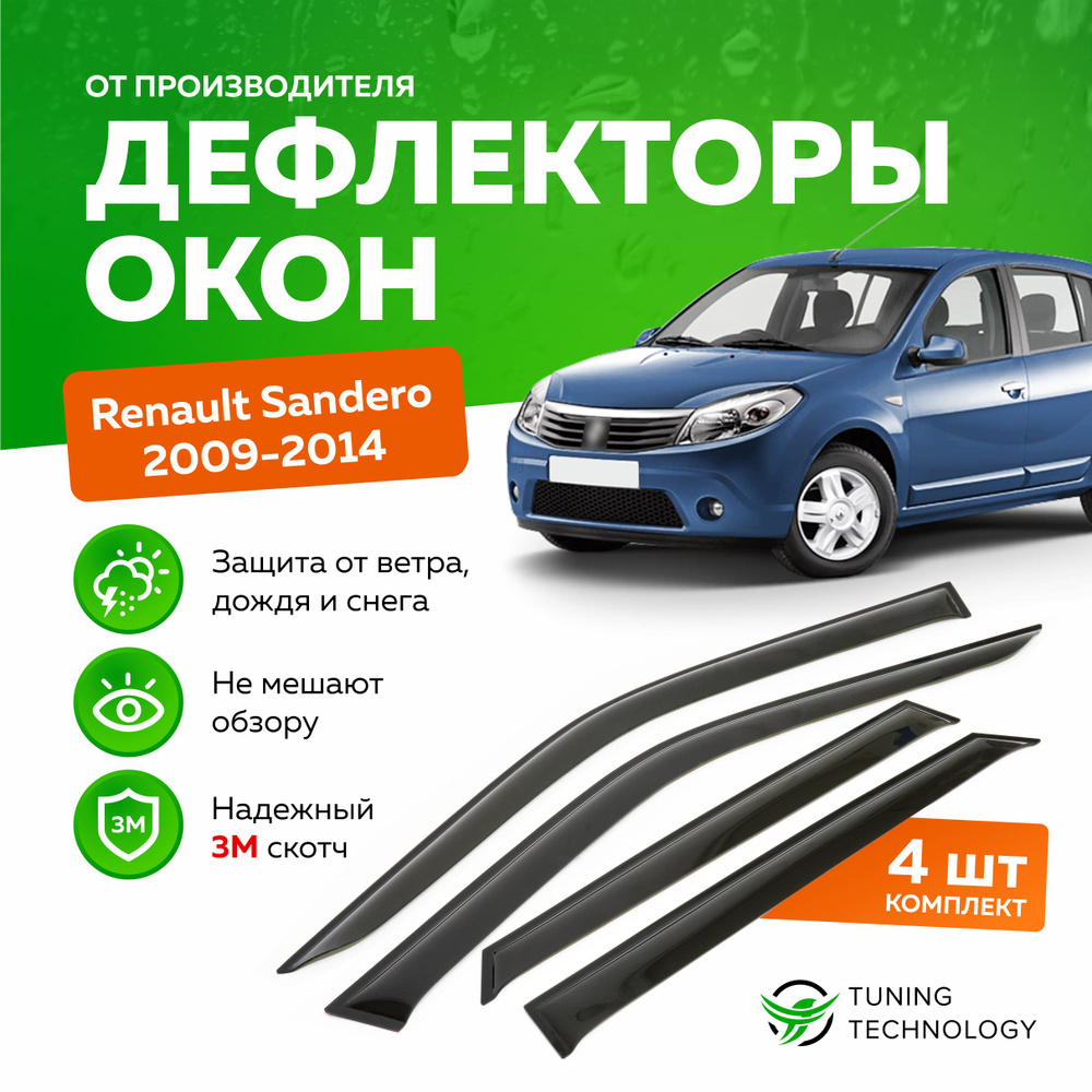 Дефлекторы боковых окон Renault Sandero (Рено Сандеро) 2009-2014, ветровики на двери автомобиля, ТТ  #1