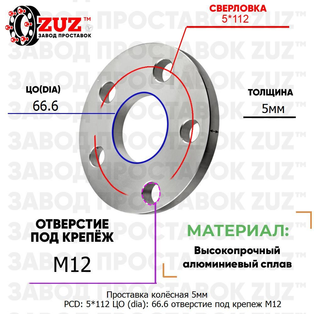 Проставка колёсная 1 шт 5мм PCD: 5*112 ЦО (DIA): 66,6 отверстие под крепёж M12 на ступицу: Mercedes SsangYong #1