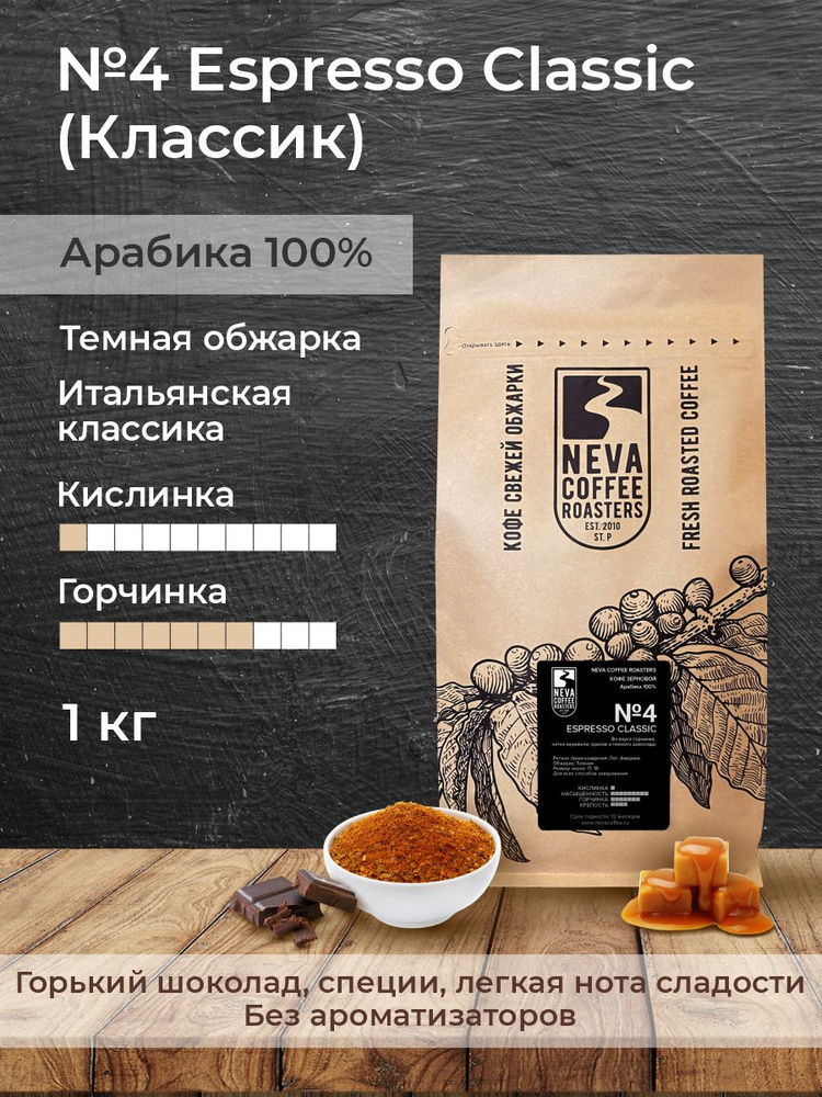 Свежеобжаренный кофе в зернах Neva Coffee Roasters №4 Espresso Classic (Классик), 1,00 кг, темная обжарка, #1