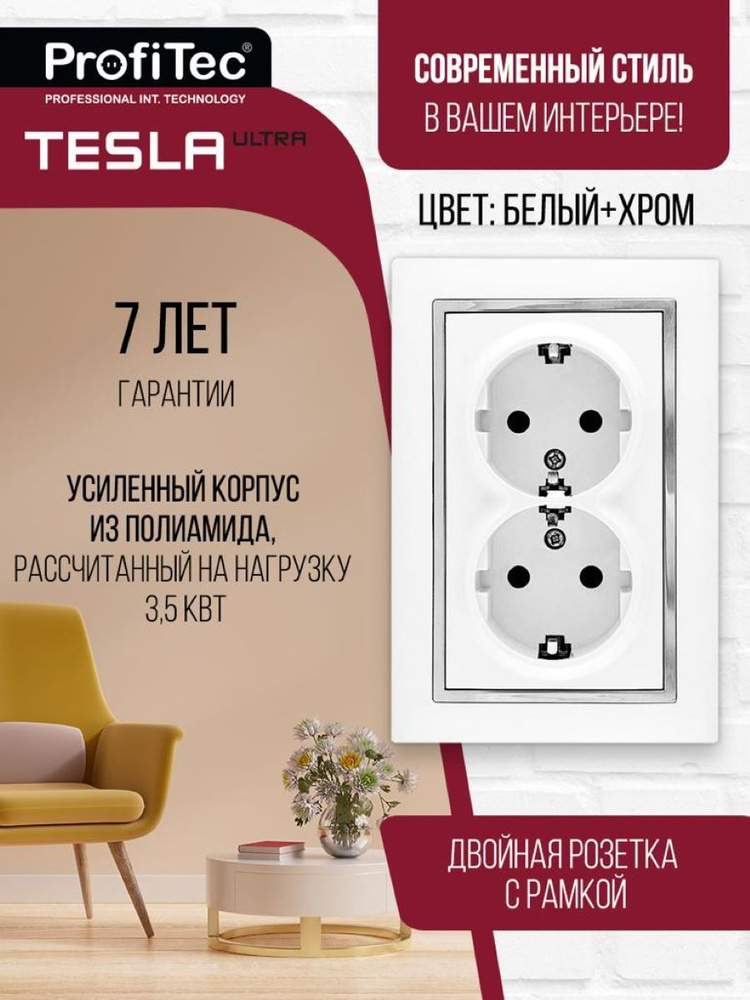 Розетка двойная с рамкой Profitec Tesla, заземление, шторки, евро  #1