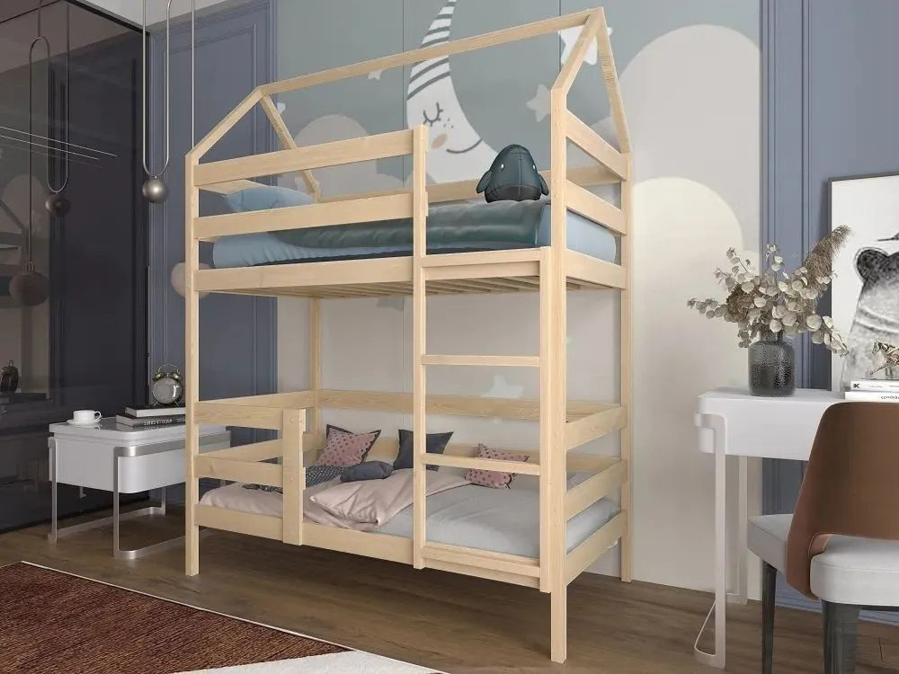 Двухъярусная кровать "Двухъярусная-домик", спальное место 180х90, натуральный цвет, из массива  #1