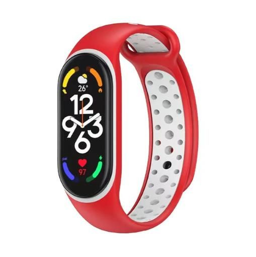 Силиконовый ремешок для фитнес браслета Xiaomi Mi Band 5/ 6 и Mi band 7 , красный с белыми отверстиями #1