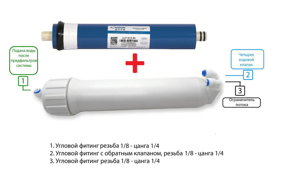 Корпус мембраны для обратного осмоса 1812 2012 с фитингами и мембраной Vontron ULP-1812-50  #1