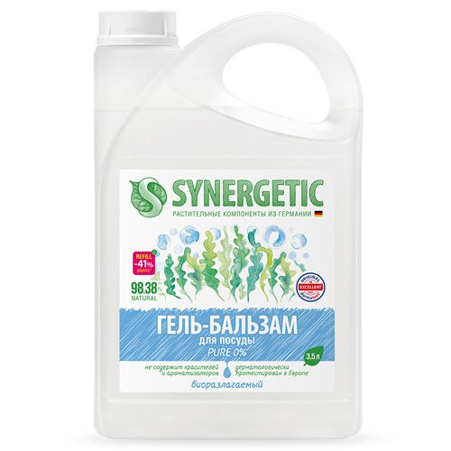 Synergetic Гель-бальзам для мытья посуды и детских игрушек "Pure 0%", без запаха, 3500 мл  #1
