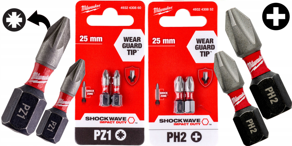 PH2(4шт)+PZ1(4шт) 25мм. Набор бит для шуруповёрта ударных Shockwave MILWAUKEE  #1