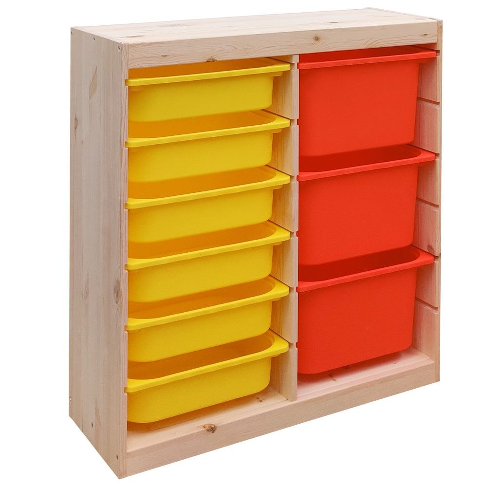 Деревянный стеллаж для игрушек с желтыми (6) и оранжевыми (3) контейнерами TROFAST, 86.6х30х90.6 см  #1