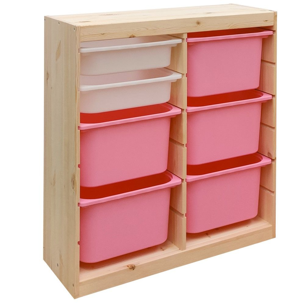 Деревянный стеллаж для игрушек с белыми (2) и розовыми (5) контейнерами TROFAST, 86.6х30х90.6 см  #1