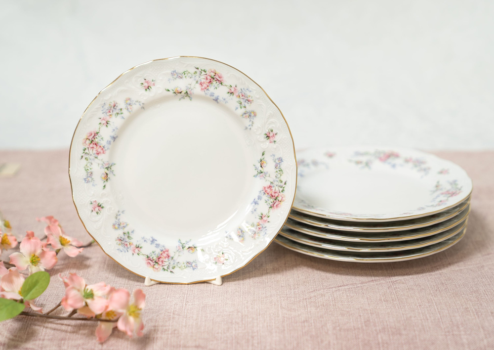 Набор тарелок десертных закусочных 19 см на 6 персон Бернадотт Дикая роза, фарфор, мелкие белые, Bernadotte #1