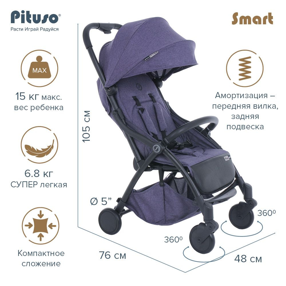 Детская коляска прогулочная Pituso Smart самоскладывающаяся Purple лавандовый лён  #1