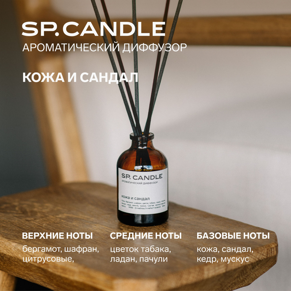 Ароматический Диффузор с фибровыми палочками Кожа и сандал 50 мл SPCANDLE  #1