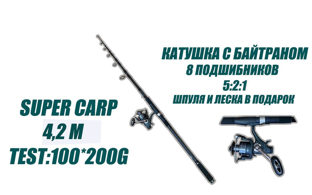 Фидерное удилище для рыбалки телескопическое SuperCarp 4.2м. тест 100-200 гр./Готовая сборная удочка #1