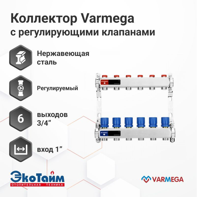 VARMEGA Коллектор из нержавеющей стали с регулирующими клапанами 6 выходов / контуров / отводов VM15506 #1