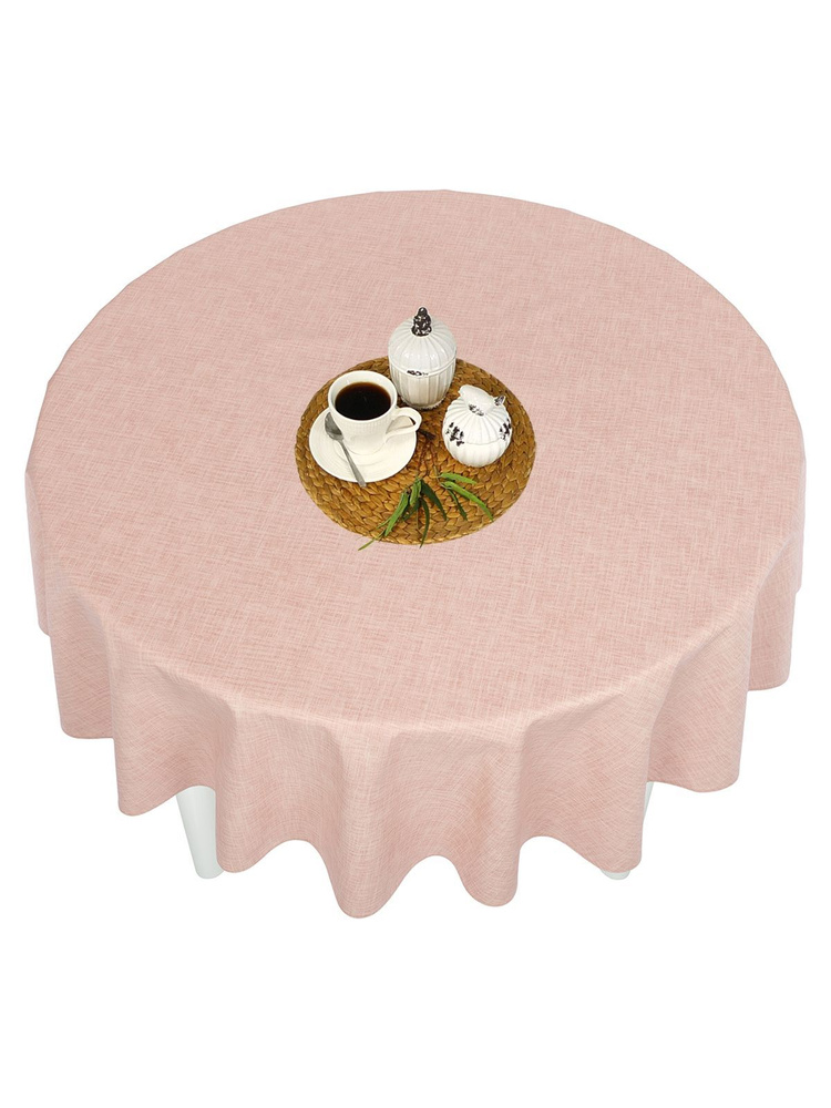 Тефлоновая скатерть на стол тканевая Maifon Лён Розовый с пропиткой водоотталкивающей. Скатерть круглая #1