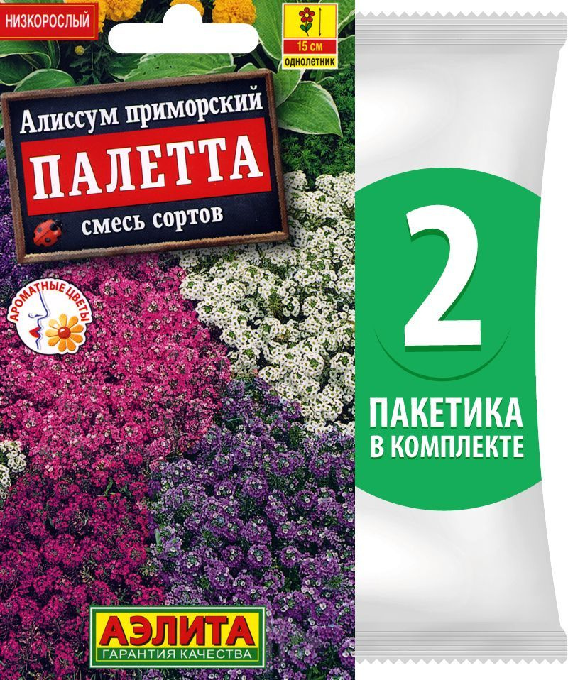 Семена Алиссум приморский Палетта смесь сортов, 2 пакетика по 0,03г/70шт в каждом  #1