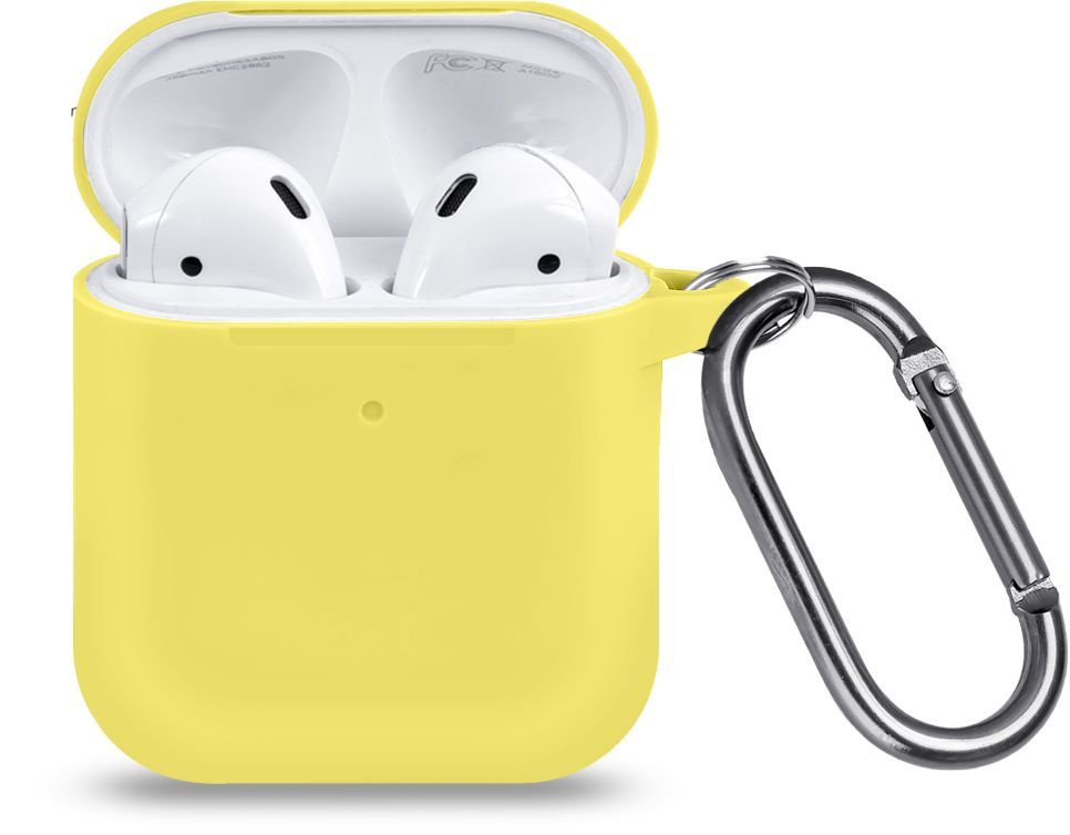 Ультратонкий силиконовый чехол для наушников Apple AirPods 1, 2 / кейс для наушников с карабином / лимонный #1