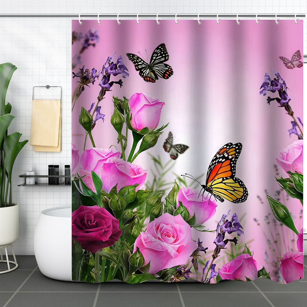 Штора (занавеска) для ванной / душа водоотталкивающая тканевая с кольцами 180 x 180 см Бабочки  #1