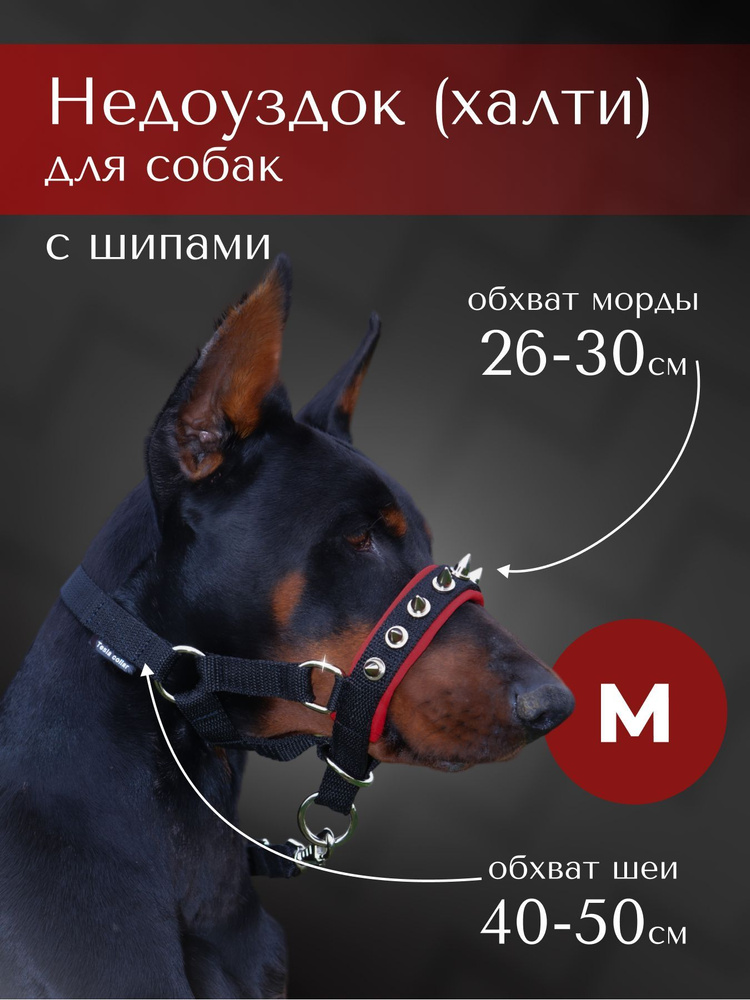 Недоуздок(халти)с шипами TESLA COLLAR для собак "M" с красным подкладом  #1