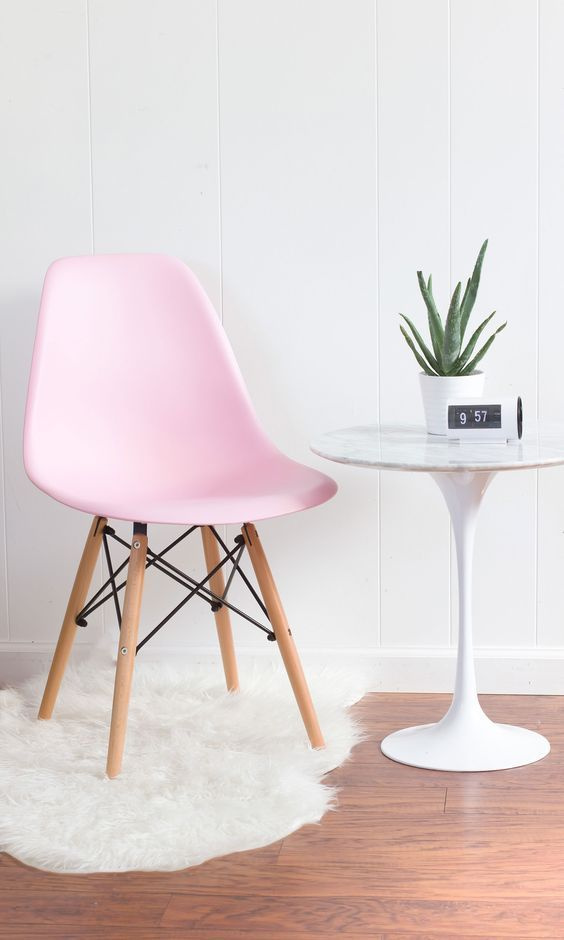 Стул для кухни Eames, стул обеденный, пластиковый, SC - 001 розовый, пластиковый, со спинкой  #1